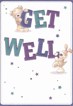 This charming get well card, glowing with comfort and hope, reflects the nurturing atmosphere found throughout Longford's welcoming neighbourhoods. A cuddly, brown teddy bear-soft as a plush flower petal-clings playfully atop the bold purple letters of 'GET'. Paired with him, a loyal puppy with floppy caramel ears sweetly nuzzles next to the vibrant teal 'WELL', their rounded forms exuding affection and the promise of brighter days. Between them, a constellation of whimsical stars, speckled in joyous blues and sparkling violets, scatter across a clean, cream-white field, much like the scattered blooms on a local footpath after market day. The bold typography leaps off the card, its confident shades lending a lift to the spirits, while the overall composition radiates an inviting sense of clarity-mirroring the attention to detail present in every bouquet prepared for Longford residents. As a florist in this caring community, I see the same devotion in every brushstroke as in carefully placed stems, bringing comfort and encouragement to friends recovering nearby.