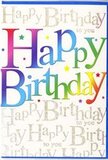 In the photograph, a colourful birthday card stands as the clear focal point, its front design echoing the bright, friendly character of Longford itself. The central phrase, "Happy Birthday," is written in big, rounded block letters that stretch confidently from one side of the card to the other. Each letter wears a different colour, blending softly into its neighbour: crimson deepening into hot pink; pink sliding into violet and twilight blue; blues shifting into aqua and leafy green; greens warming into canary yellow and peachy orange. This gentle rainbow effect suggests a sense of movement and joy, much like a cluster of helium balloons or a mixed bouquet waiting at Longford Florist for birthday delivery. The background is a light, creamy tone that sets off the vivid lettering. Across this pale surface, the words "Happy Birthday to you" are written again and again in fine, looping gold script. The script is delicate but legible, weaving across the card in neat, parallel lines, reminiscent of musical staves filled with golden notes. The gold ink catches the light in a subtle shimmer, giving the impression of tiny points of glitter scattered through the design. Soft highlights on the rainbow letters and gentle shadows beneath them add depth, making the text almost tangible, as though you could trace each curve with your fingertip. The card feels celebratory yet tasteful, suitable for marking anything from a child's birthday to a significant milestone for an adult. It's easy to imagine this card tucked among freshly arranged flowers delivered to a doorstep in Longford, adding a touch of colourful, heartfelt charm to the special day.
